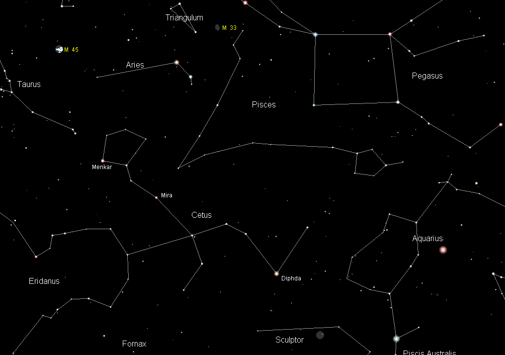 Cetus constellation map showing neighboring constellations